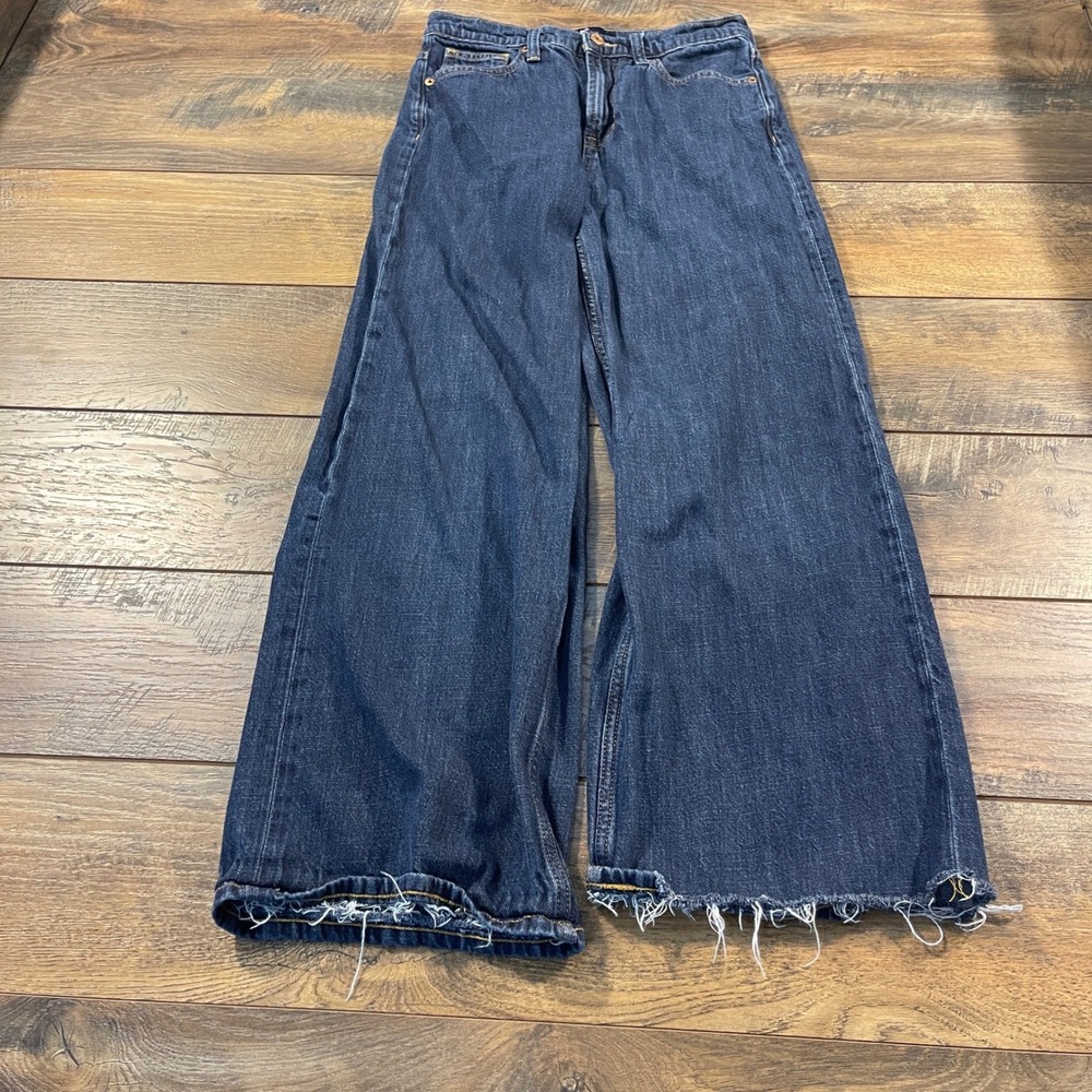 Gap Denim High Rise Wide-Leg Jeans Dark Wash Raw Hem 4/27R Baggy Grunge Street